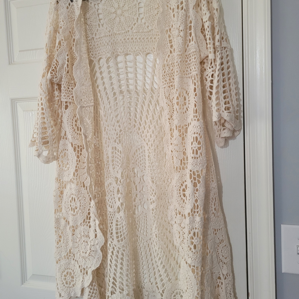 BOHO Cardigan Crochet Lace WESTERN KIMONO Open Front Ivory One Size